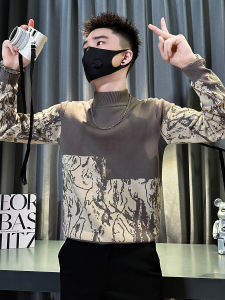 Mens Slim Fit High Neck Knit Sweater Fashionable Inner Wear Casual Printed Long Sleeve Winter Top Stylish Base Layer Shirt