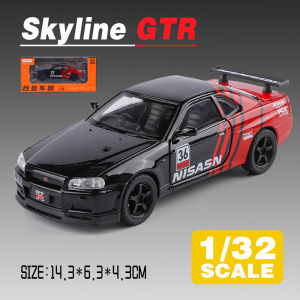 LEO 1:32นิสสัน GTR R34ลูกเต๋าของเล่นโลหะมีค่ายานพาหนะดายแคสโมเดลรถยนต์สำหรับเด็กผู้ชายเด็กจำลองเอฟเฟกต์แสงเสียงคอลเลกชันของขวัญงานอดิเรก