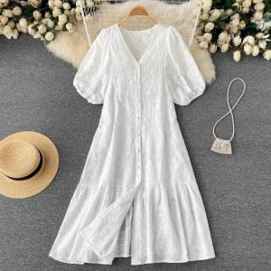 Vacation Style Short Sleeve Dress Women 2022 New Spring K-style Casual Pure Color Slimming Dress Fashionable Dress