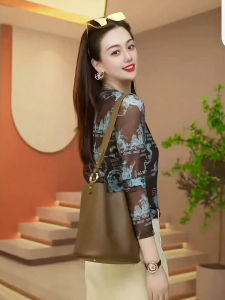 Womens Long Sleeve Printed Mesh Top Breathable Base Layer Spring Autumn Fashionable Versatile Outerwear Small Shirt