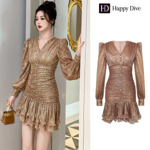 Happy Diva เดรสผู้หญิง เดรสสีทอง เดรสหางปลา เดรสซาติน เดรสทำงาน เดรสไฮโซ เดรสวินเทจ เดรสออกงาน เดรสปาร์ตี้ ชุดราตรี 40613