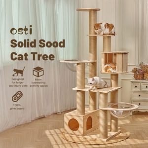 Osti Luxury Dual Space Capsule Pine Wood Cat Tree for Multiple Cats All In One Modern Wooden Cat Castle Tower Solid Wood Activity Center with House Scratching Post & Space Capsule