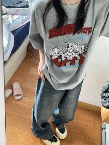 เสื้อยืดแขนสั้นผ้าฝ้ายแท้ 100% ทรงหลวม สำหรับผู้หญิง ดีไซน์เก๋ไก๋ สไตล์อเมริกัน ลายการ์ตูน เสื้อผ้าทำงานสไตล์เกาหลี