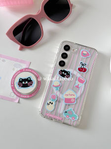 เคสโทรศัพท์ Samsung S23 Ultra S24 S25 Ultra แบบใสป้องกันการตกหล่นพร้อมขาตั้งแม่เหล็ก ลายแมว ลายทาง ดีไซน์เก๋ไก๋สำหรับผู้หญิง