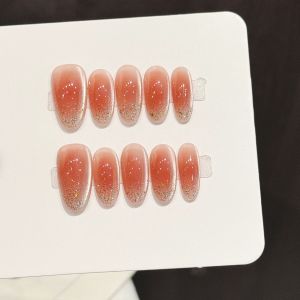 10pcs high-end Light orange honey pomelo French handmade fake nails Short Oval nail Broken gold powder decoration