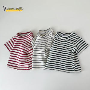 Áo Thun Cotton Trẻ Em Mùa Hè Cổ Tròn Tay Ngắn Rộng Rãi Họa Tiết Sọc Thời Trang Thoải Mái Thoáng Khí Cho Bé Trai Và Bé Gái