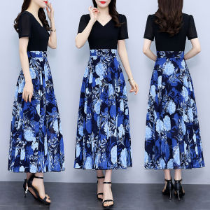 Impression Fashion Women Elegant Chiffon Yellow Flower Print V-neck Short  Bubble Sleeve Tunic A-line Big Swing Sea Plus Size Long Dress