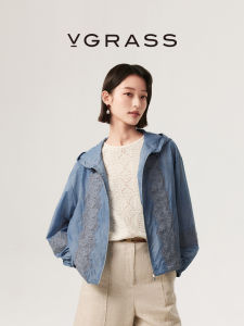 V·grass/V-GRASS | Áo Khoác Chống Nắng In Nước Phong Cách Jeans Kết Hợp Ren