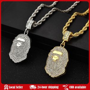Hip Hop Bling Iced Out Rhinestone Gold Color Stainless Steel Ape Man Pendants Necklace for Men Rapper Jewelry Iced Out Bling Bling Animal Head Pendant Necklace Mirco Pave Prong Setting Men Women Female Male Fashion Hip Hop Jewelry