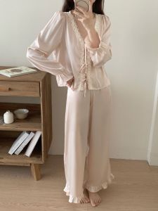 Champagne Pink Ice Silk Sleepwear Womens Spring Summer New Style French V-neck Lace Trim Loose Thin Home Clothes
