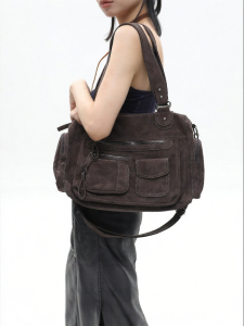 JANDRESS | Dark Brown Suede Leather Multi Pocket Zipper Motorcycle Bag
