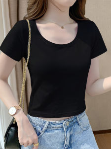 Black Short Sleeve T-Shirt Womens Summer Slim Fit Design Sense High Waist Shoulder Exposure Belly Top New 2025