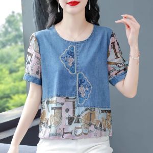 WANGGONGZHU | Casual Loose Denim Splice Shirts Women Summer New Style Short Sleeve T-shirts Fashionable Casual Cover Belly Small Shirt