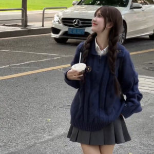 Loose Knitted Blue Twisted Sweater Womens Autumn Winter Fashion Sweet Style Comfortable Inner Wear Top for Young Ladies