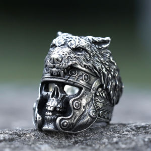 Nam Vintage Sói Và Đầu Lâu Viking Nhẫn 316L Thép Không Gỉ Gothic Trang Sức Chất Lượng Cao Cổ Điển Họa Tiết Đồng Hồ Xương Cưới Ban Nhạc