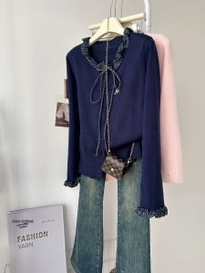 QINGNAER | Wooden Edge & Check Patterned Knit Cardigan 2025 Fall/Winter