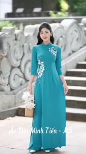 Áo Dài Lụa Mỹ Cao Cấp Họa Tiết Thêu Và May Thủ Công Tỉ Mỉ Từng Áo- Mã M5 Màu Xanh Ngọc