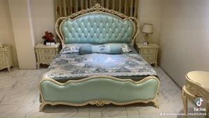 GIƯỜNG NGỦ TÂN CỔ ĐIỂN DÁT VÀNG NHẬP KHẨU DA XANH D501