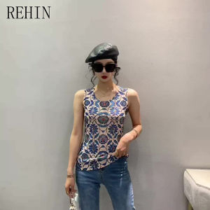 REHIN Womens T-shirt Sleeveless Knit Vest with Breathable Skin-Friendly Fabric and Unique Print Pattern Slim fit S-3XL PLUS size for Summer Fashion Tops