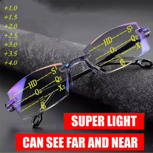 C.three Bifocal Reading Glasses Fashionable Presbyopic Glasses Anti-blue Light Eyewear Frameless Edge Eyeglasses Far and Near Dual- Use