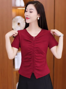 Slim Fit Short Sleeve T-Shirt Womens Summer New Style Zipper Design Thin Age Reduction Top Korean Version V-neck Pure Color
