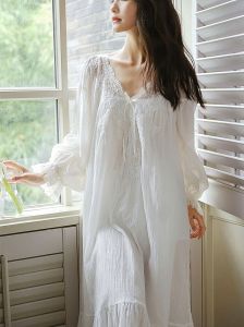 Lace Princess Style Nightdress Women Hepburn Style Wedding Morning Gowns Womens Pajamas Spring and Autumn Pure Cotton Long Sleeves Court Beautiful Dress