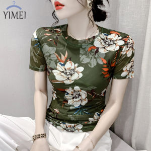 YIMEI เสื้อยืดพิมพ์ลายย้อนยุคสำหรับผู้หญิงเสื้อคอกลมแขนสั้นฤดูร้อนแฟชั่น2023เข้ารูปพอดีเสื้อตาข่ายเข้ารูปและทันสมัย