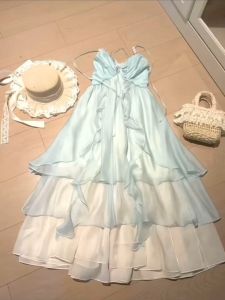 Summer Vacation Atmosphere Dream Sea Side Womens Sleeveless Long Dress High Waist V-Neck A-Line Gown Vacation Style