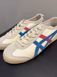 2024 Original Tiger Shoes Mens and Womens Fashion Retro MEXICO 66 Sports Shoes Comfortable and Versatile Casual Shoes Breathable and Non Slip Leather Shoes Off White/blue Red