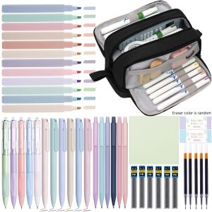 44 pieces of elegant stationery including a large-capacity pencil case 12 highlighters 11 gel pens and 6 fountain pens.
