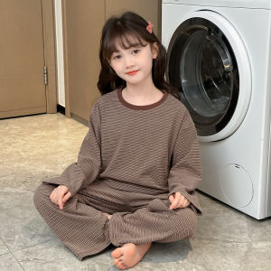 Kids Autumn and Winter Pajamas Girl Thickened Wool Silk Dralon Stripes Childrens Little Girls Homewear Can Be Outwear