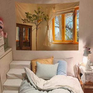 VIKAMA Simulation Window Scenery Healing Lemon Tree Tapestry HD Wear-Resistant Fabric Wall Art for Living Room Decor