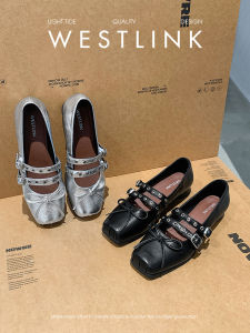 รองเท้าส้นเตี้ย Mary Jane สำหรับผู้หญิง สีเงิน ทรงหัวเหลี่ยม ทรงหัวมน สายรัดเท้า รองเท้าแฟชั่น ฤดูใบไม้ผลิ 2025