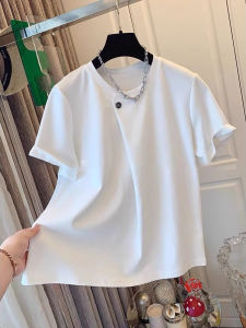 Unique Design Chic Button-Up Loose Large Size Short Sleeve T-Shirt Womens Top Summer 2025 Fashionable Casual Cotton Blend