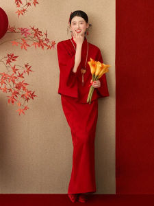 Elegant Red Wedding Qipao Skirt Set for Women High Waist A-Line Dress Bridal Morning Robe Engagement Ceremony Winter Outfit