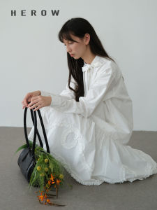 HEROW Long Sleeve Cotton Feel Washed Dress Heavy Twist Flower Earlet Hem White H-Line Midi Dress Spring Autumn Winter Womens Fashion