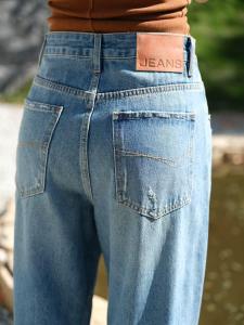 Flower Casket Womens Loose Fit Light Blue Jeans Spring Autumn High Waist Wide Leg Pants Casual Wear Faded Washed Denim