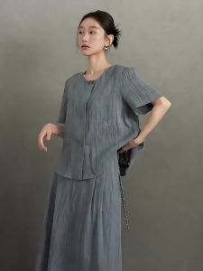 SUSHE | Retro Vintage Crinkled Denim-Like Straight Jacket and Skirt Set