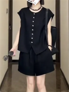 Casual Elegant Anti-Aging Summer Single Button Shirt Shorts Two Piece Set New 2024 Polyester Fiber round Neck Button up