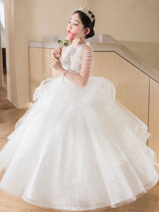 Super Fairy Childrens Dress Flower Girl White Yarn Skirt Little Girl Birthday Banquet Princess Dress Child Model Catwalk Recitation Costume