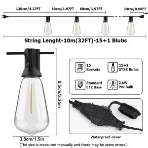 20M 30M ST38 Garland Light String Shatterproof LED Bulbs Outdoor IP44 Patio Garden Wedding Party Halloween Christmas Decor Lamp