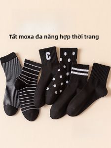 JINGCHI | Tất cotton kẻ sọc thời trang mùa đông chống mùi thấm mồ hôi tất ngắn thể thao thường ngày màu đen dài đến giữa bắp chân đa năng cho nữ