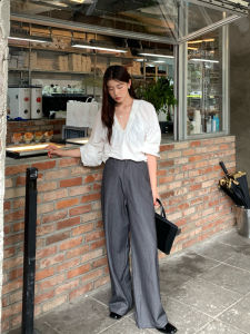 Halo Luu Grey Wide Leg Suit Pants Womens Casual Straight Cut Spring Autumn High Waist Polyester Blend Comfortable Fashionable