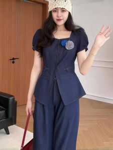 plus Size Womens Denim Fashion Set Summer Slim Fit Shirt Square Collar 3D Flower Pattern High Waist Straight Leg Pants