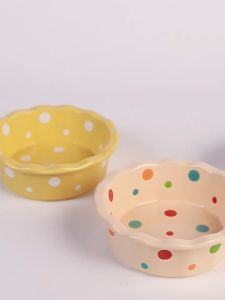 KP ชามแมวเซรามิกลูกไม้ลายจุดสัตว์เลี้ยงชามป้องกันคางสีดําชามอาหารแมวชามอาหารแมวตุ๊กตาสุนัขขนาดเล็ก