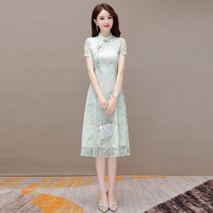 MAIMEI | New Chinese Style Revised Cheongsam High End Elegant Summer New Arrival Womens Dress High Waist A-Line Skirt Short Sleeve