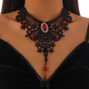 KunJoe Gothic Hollow Out Black Lace Choker Necklace Women Vintage Punk Red Blood Drop Pendant Necklace Halloween Neck Chain New