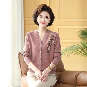 Hengyuanxiang 100 Pure Cashmere Cardigan Womens Short Spring & Fall Middle-Aged and Elderly Plus Size Ladieswear V Neck Knitting Sweater Outwear