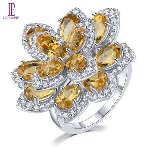 Lohaspie Jewelry Real 7.8 Carats Solid Sterling Silver 925 Ring Original Natural Citrine Ring Flower Ring 925 Silver Engagement Ring Citrine Birthstone Ring For Women Jewelry