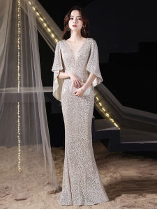 Silver Evening Gown Womens New 2025 High Quality Luxury Tailored Fish Tail Skirt Fashionable Zipper Style Sequin Embellished mid Waist